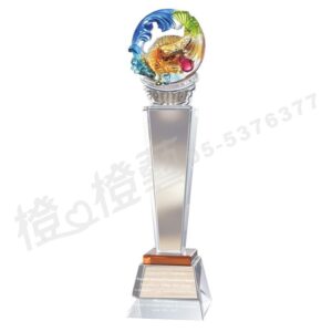 水晶琉璃「橙著」-獎牌獎座獎盃藝品「退休、績優表揚、升官、榮陞」-鏤空彩色琉璃