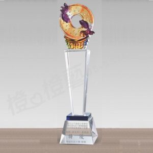 水晶琉璃「晶彩」-獎牌獎座獎盃藝品「退休、績優表揚、升官、榮陞」-鏤空彩色琉璃