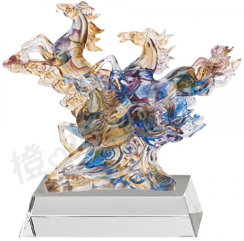 琉璃獎座「馳騁相隨躍萬里」-獎牌獎座獎盃藝品「退休、績優表揚、升官、榮陞」-鏤空彩色琉璃