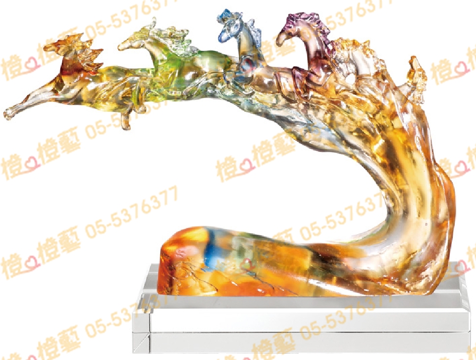 琉璃獎座「馬蹄躂躂速疾馳」-獎牌獎座獎盃藝品「退休、績優表揚、升官、榮陞」-鏤空彩色琉璃