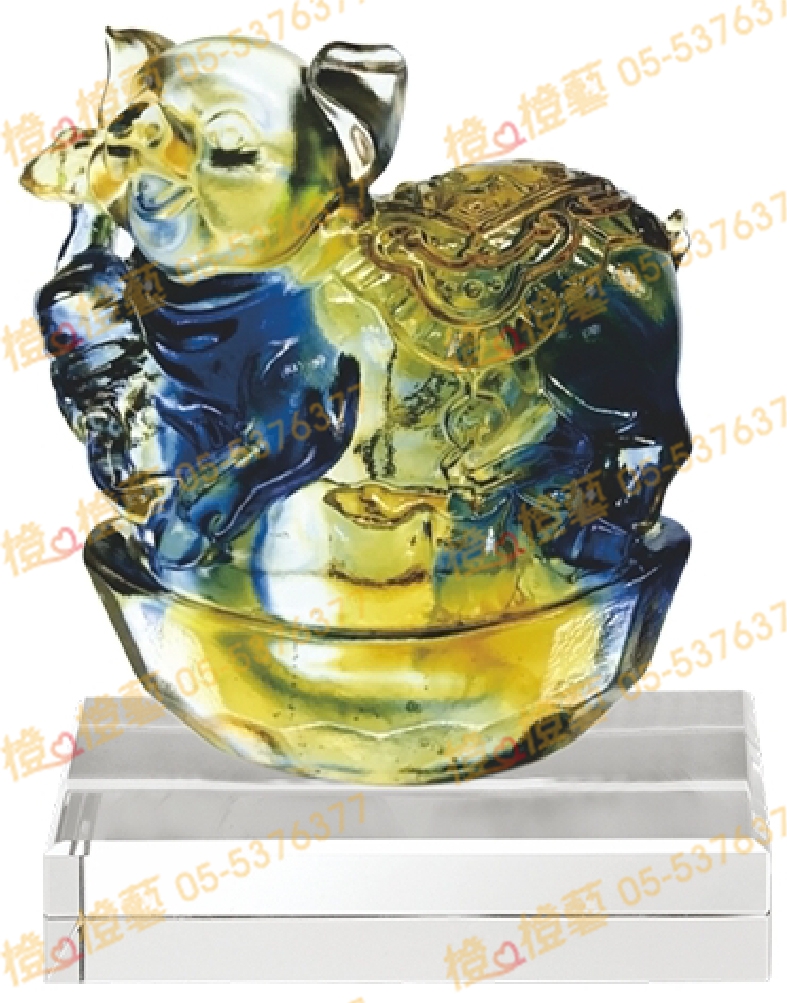 琉璃獎座「諸事如意招財來」-獎牌獎座獎盃藝品「退休、績優表揚、升官、榮陞」-鏤空彩色琉璃