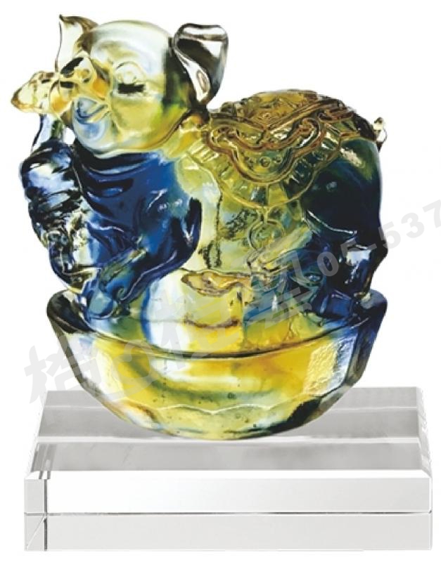 琉璃獎座「諸事如意招財來」-獎牌獎座獎盃藝品「退休、績優表揚、升官、榮陞」-鏤空彩色琉璃