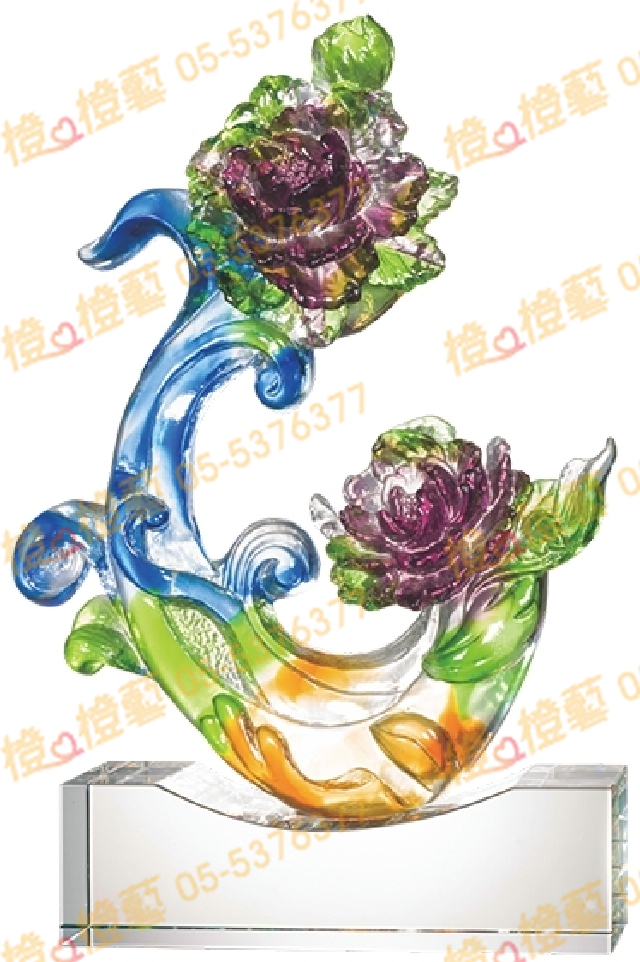 琉璃獎座「牡丹舞富貴」-獎牌獎座獎盃藝品「退休、績優表揚、升官、榮陞」-鏤空彩色琉璃