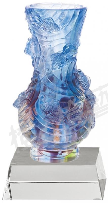 琉璃獎座「旺運聚財共享餘慶」-獎牌獎座獎盃藝品「退休、績優表揚、升官、榮陞」-鏤空彩色琉璃