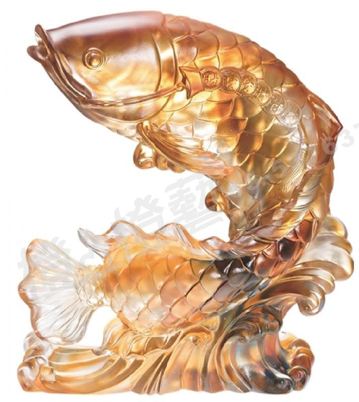 琉璃獎座「魚躍金堂喜來福」-獎牌獎座獎盃藝品「退休、績優表揚、升官、榮陞」-鏤空彩色琉璃