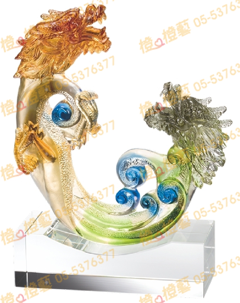 琉璃獎座「躍天共青雲」-獎牌獎座獎盃藝品「退休、績優表揚、升官、榮陞」-鏤空彩色琉璃
