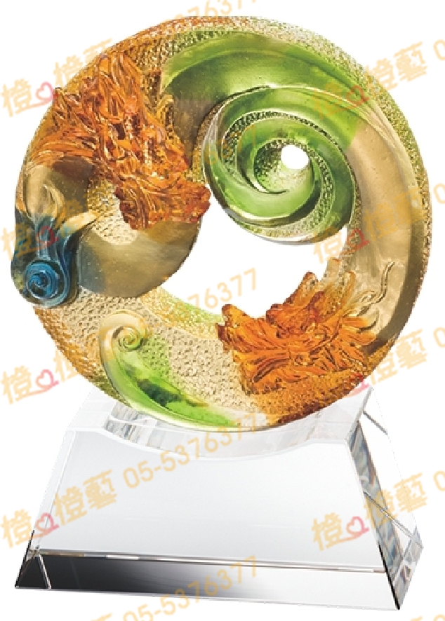 琉璃獎座「風雲再現」-獎牌獎座獎盃藝品「退休、績優表揚、升官、榮陞」-鏤空彩色琉璃