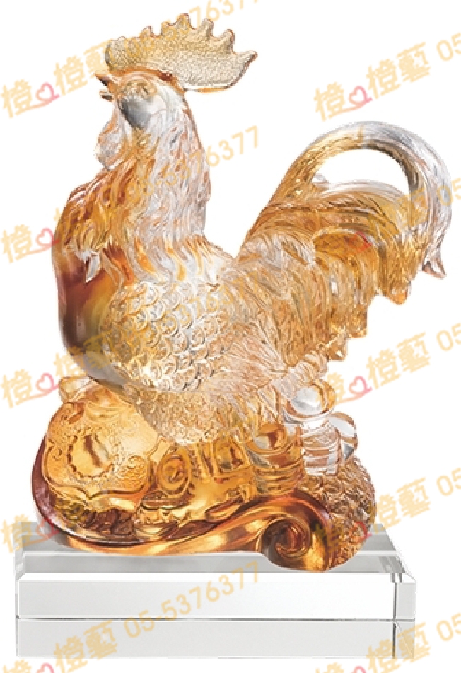琉璃獎座「金雞吉祥之獻寶來」-獎牌獎座獎盃藝品「退休、績優表揚、升官、榮陞」-鏤空彩色琉璃