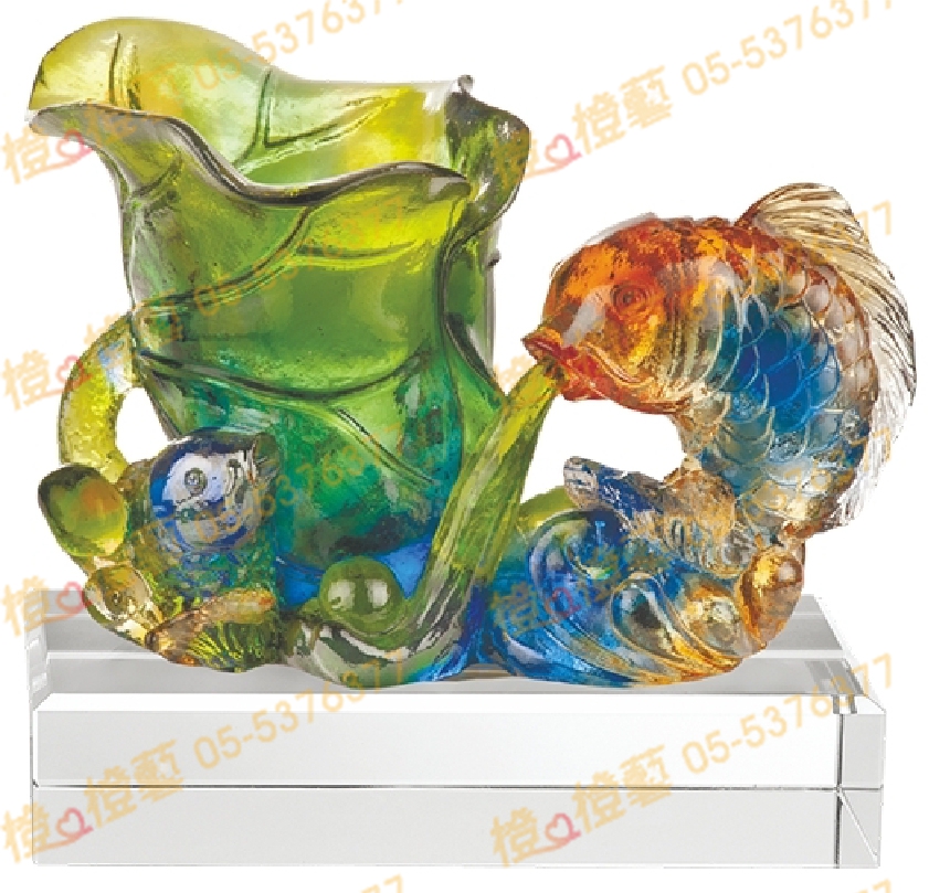 琉璃獎座「左右逢源」-獎牌獎座獎盃藝品「退休、績優表揚、升官、榮陞」-鏤空彩色琉璃