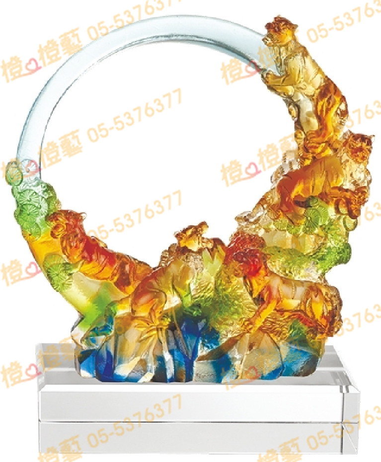 琉璃獎座「五福臨門」-獎牌獎座獎盃藝品「退休、績優表揚、升官、榮陞」-鏤空彩色琉璃