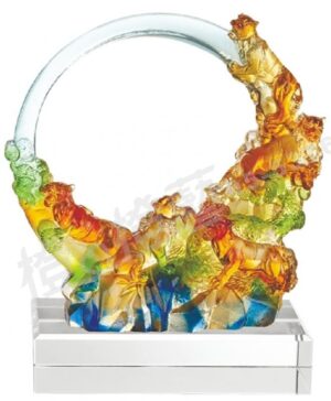 琉璃獎座「五福臨門」-獎牌獎座獎盃藝品「退休、績優表揚、升官、榮陞」-鏤空彩色琉璃