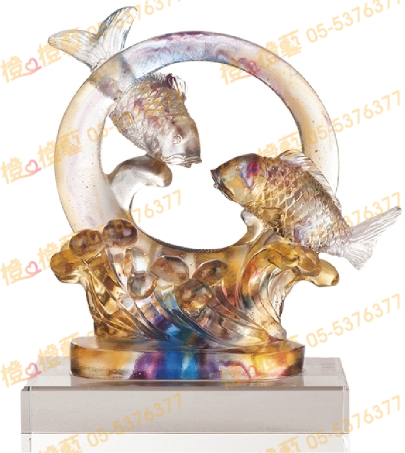 琉璃獎座「財源滾滾」-獎牌獎座獎盃藝品「退休、績優表揚、升官、榮陞」-鏤空彩色琉璃
