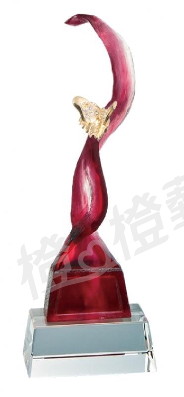 琉璃獎座「喜上眉梢」-獎牌獎座獎盃藝品「退休、績優表揚、升官、榮陞」-鏤空彩色琉璃